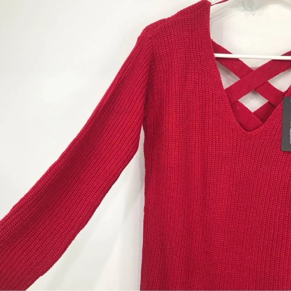 Ambiance Apparel Red Criss Cross Back Tunic Sweater NEW